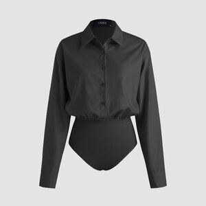 Cider Collar Solid Button Long Sleeve Shirt Bodysuit